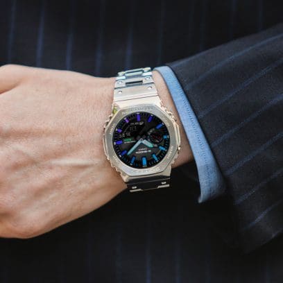 GM-B2100PC-1A close up view on a wrist denoting size and style