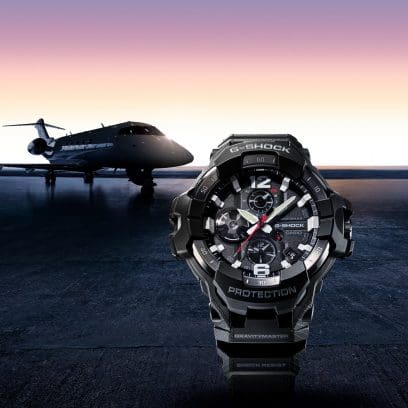 G-SHOCK GRB300- 1A Watch in the foreground and a jet largely in silhouette in the background