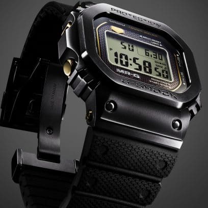 Bottom, upward facing view of the G-SHOCK MR-G MRG-B5000R-1 black digital watch.