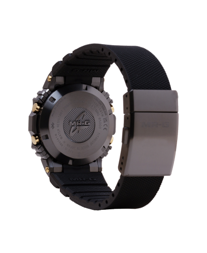 Back facing full view of the G-SHOCK MR-G MRG-B5000R-1 digital watch with clasp closed.