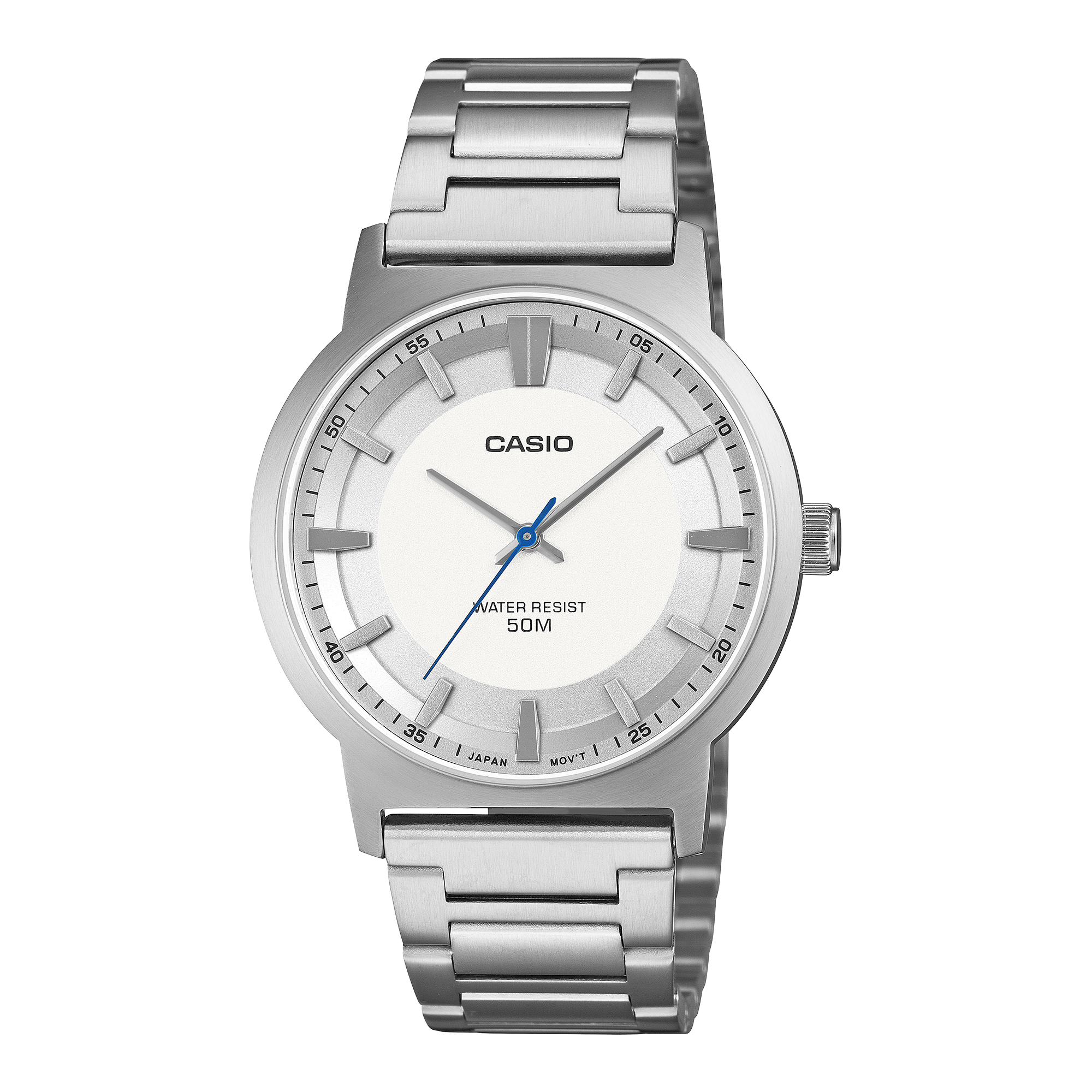 Casio MTP-B220D-7AV related white-dial watch variant on a steel bracelet with a blue seconds hand.