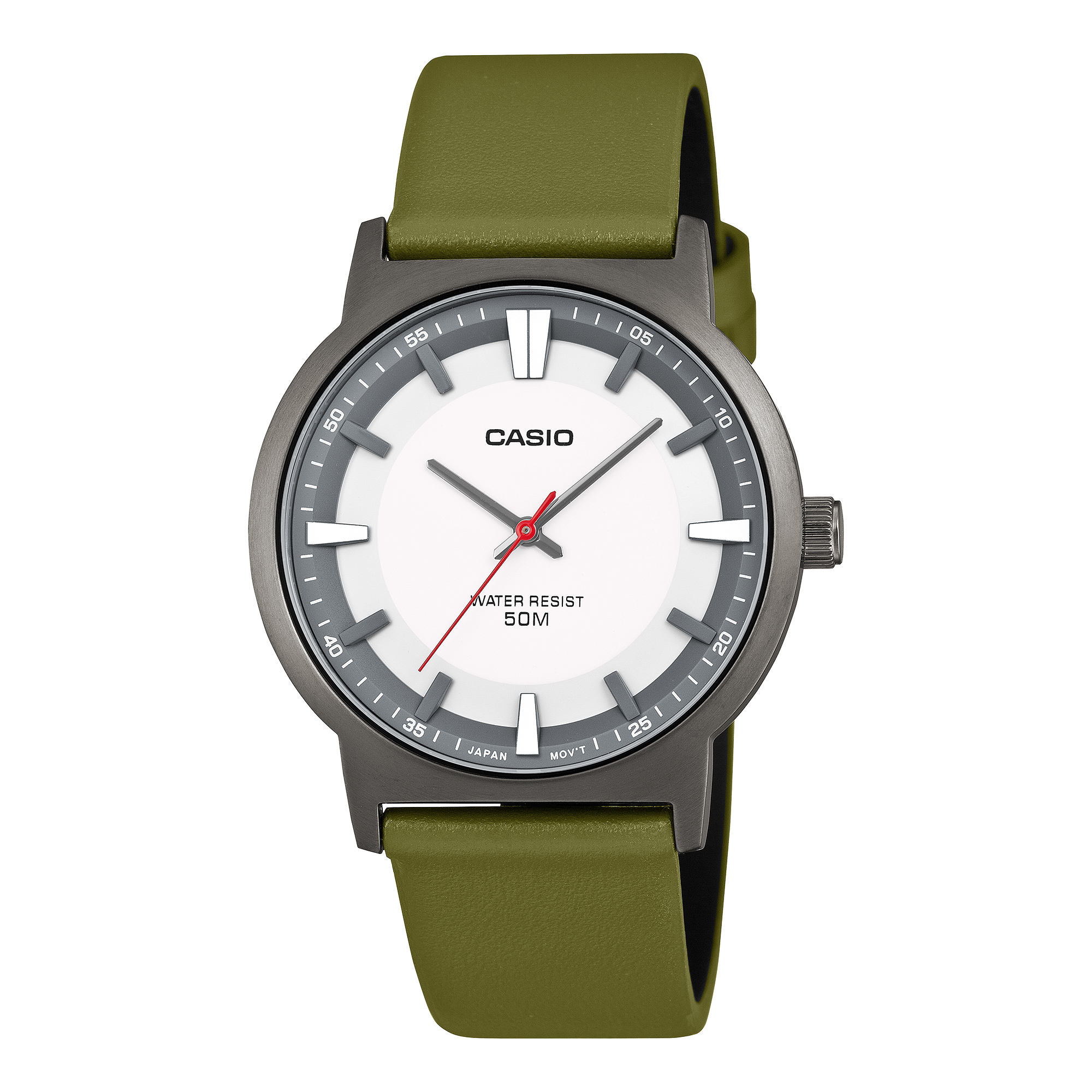 Casio MTP-B220BL-7AV related watch variant featuring a white dial, olive strap and red seconds hand.