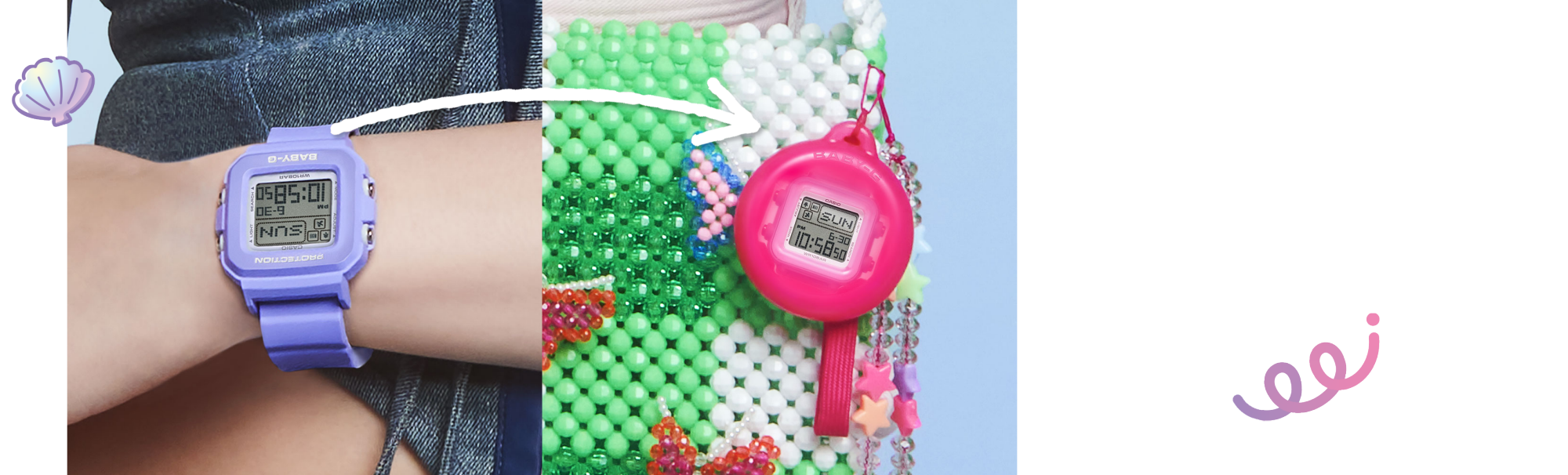 Links: Die Uhr im lila Armband an einem Handgelenk, rechts: die Uhr im pinken Anhänger an einer Tasche baumelnd