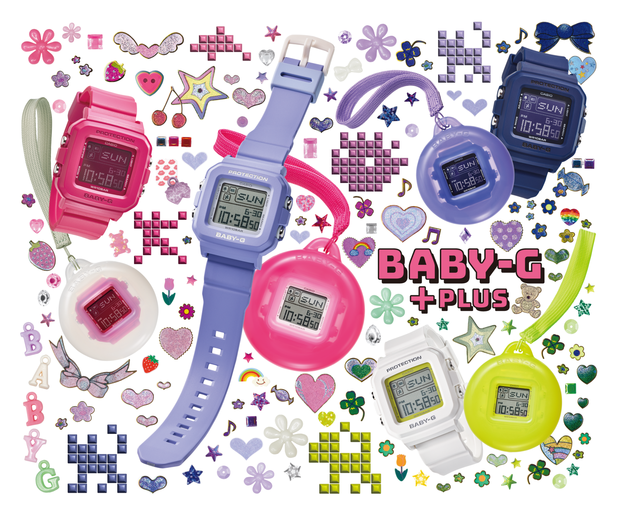 Die Uhr in den verschiedenfarbenen Anhängern und Armbändern wild durcheinander vor weißem Hintergrund, zwischen den Uhren sind bunte Pixelfiguren, Herzchen, Blümchen und andere Illustrationen