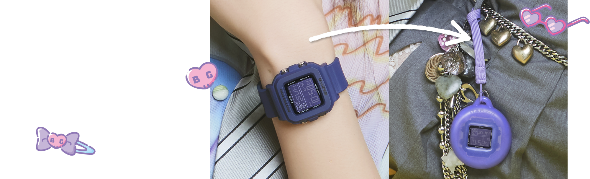 Links: Die Uhr im dunkel-violetten Armband an einem Handgelenk, rechts: die Uhr im lila Anhänger an einer Gürtelschlaufe baumelnd