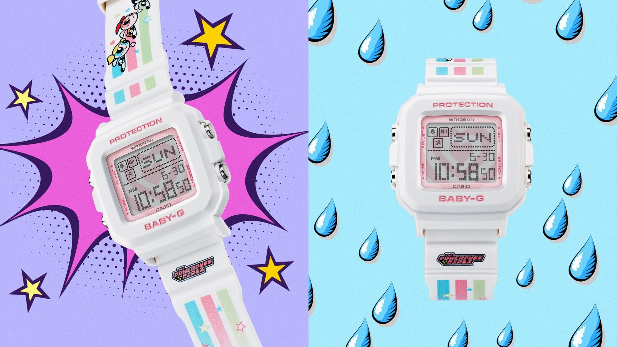 Links: Die Powerpuff Girls-Armbanduhr vor einer Comix-Explosion, rechts: Das Sondermodel vor einem blauen Hintergrund mit Comic-Tropfen