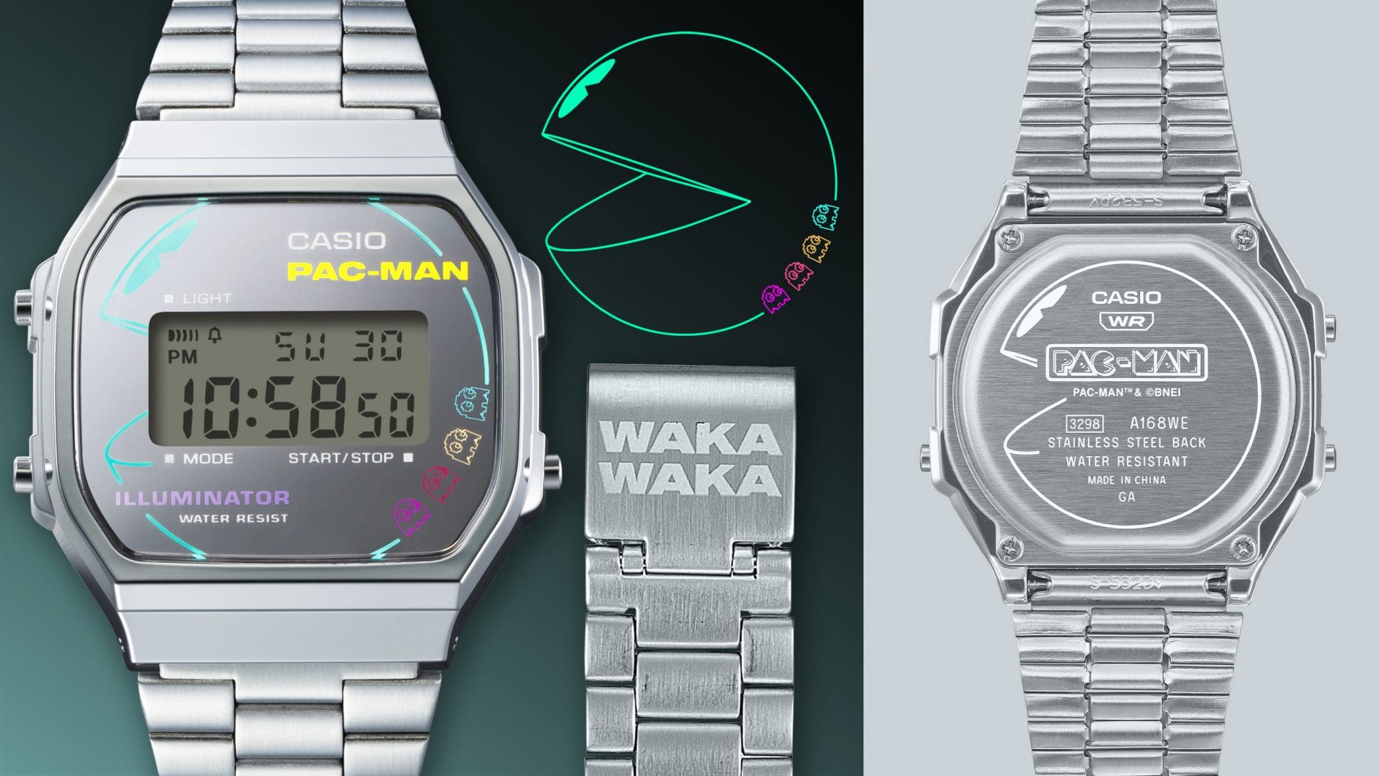 Links: Nahaufnahme des Displays der Pac-Man-Uhr A168WEPC-7A von Casio neben einem Pac-Man-Umriss und der Detailansicht der Armbandschließe mit "Waka Waka"-Schriftzug, rechts: Gehäuserückseite der silberfarbenen Armbanduhr mit Pac-Man-Gravur