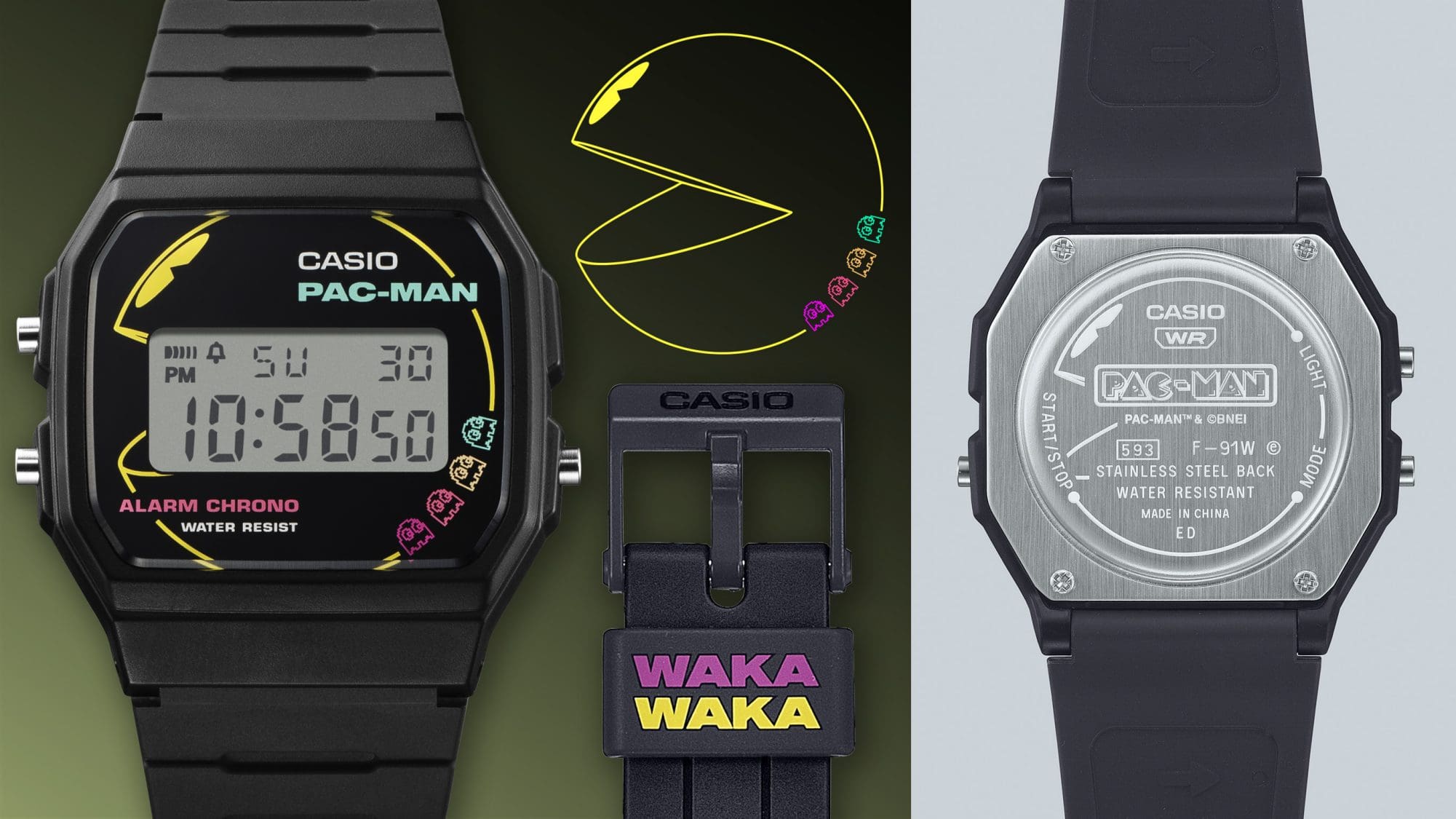 Links: Nahaufnahme des Displays der schwarzen Pac-Man-Uhr F-91WPC-1A von Casio neben einem gelben Pac-Man-Umriss und der Detailansicht der Armbandschließe mit "Waka Waka"-Schriftzug in Lila und Gelb, rechts: die silbernfarbene Gehäuserückseite mit Pac-Man-Schriftzug