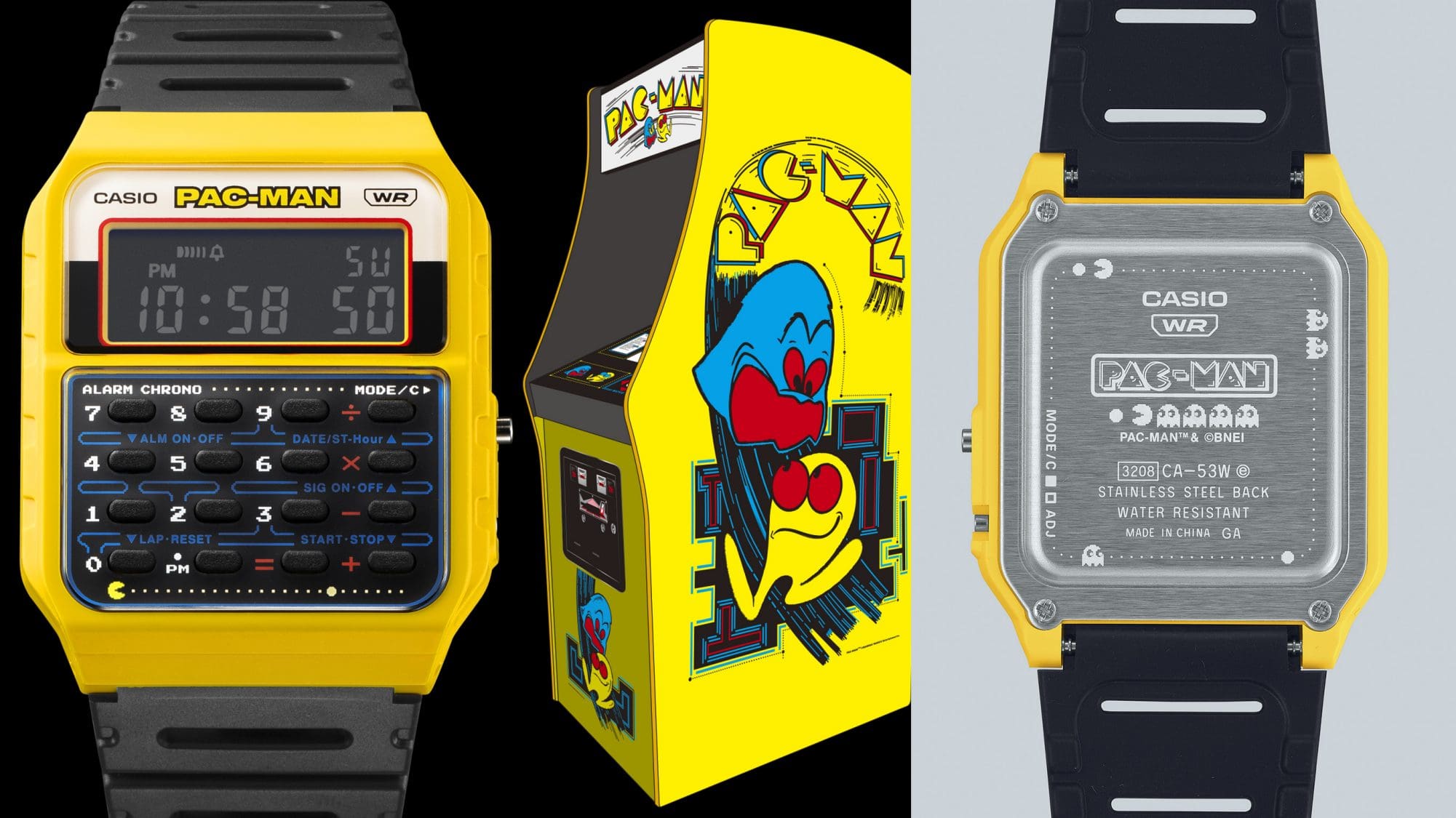 Links: Nahaufnahme des Displays der gelb-schwarzen Pac-Man-Uhr CA-53WPC-1B neben einem gelben Pac-Man-Spielautomaten, rechts: die silbernfarbene Gehäuserückseite mit Pac-Man-Schriftzug und Pac Man-Charakteren