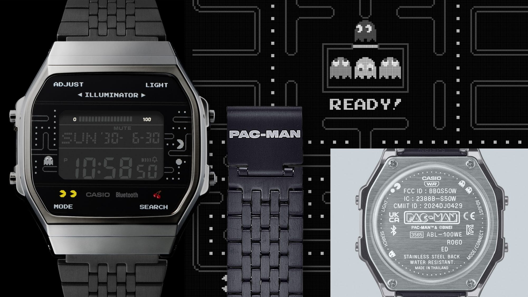 Links: Nahaufnahme des Displays der Pac-Man-Uhr ABL-100WEPC-1B mit schwarzem Armband und silbernem Gehäuse neben Pac-Man-Spielmotiv und der Detailansicht der Armbandschließe mit "Pac-Man"-Schriftzug, rechts: die silbernfarbene Gehäuserückseite mit Pac-Man-Schriftzug
