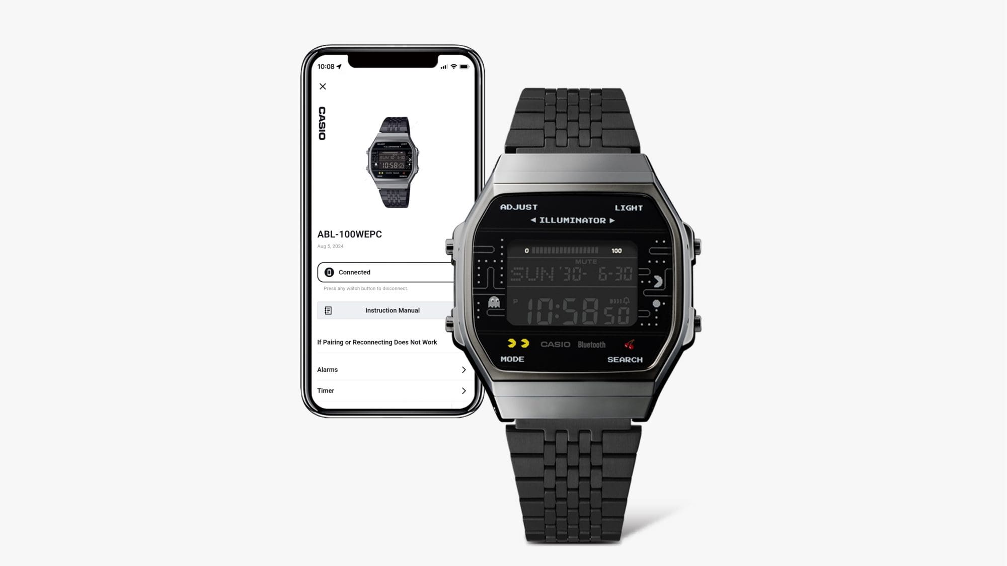 ABL-100WEPC-1B Die schwarze ABL-100WEPC-1B Bluetooth®-Uhr vor einem Smartphone mit Informationen zur Uhr in der App