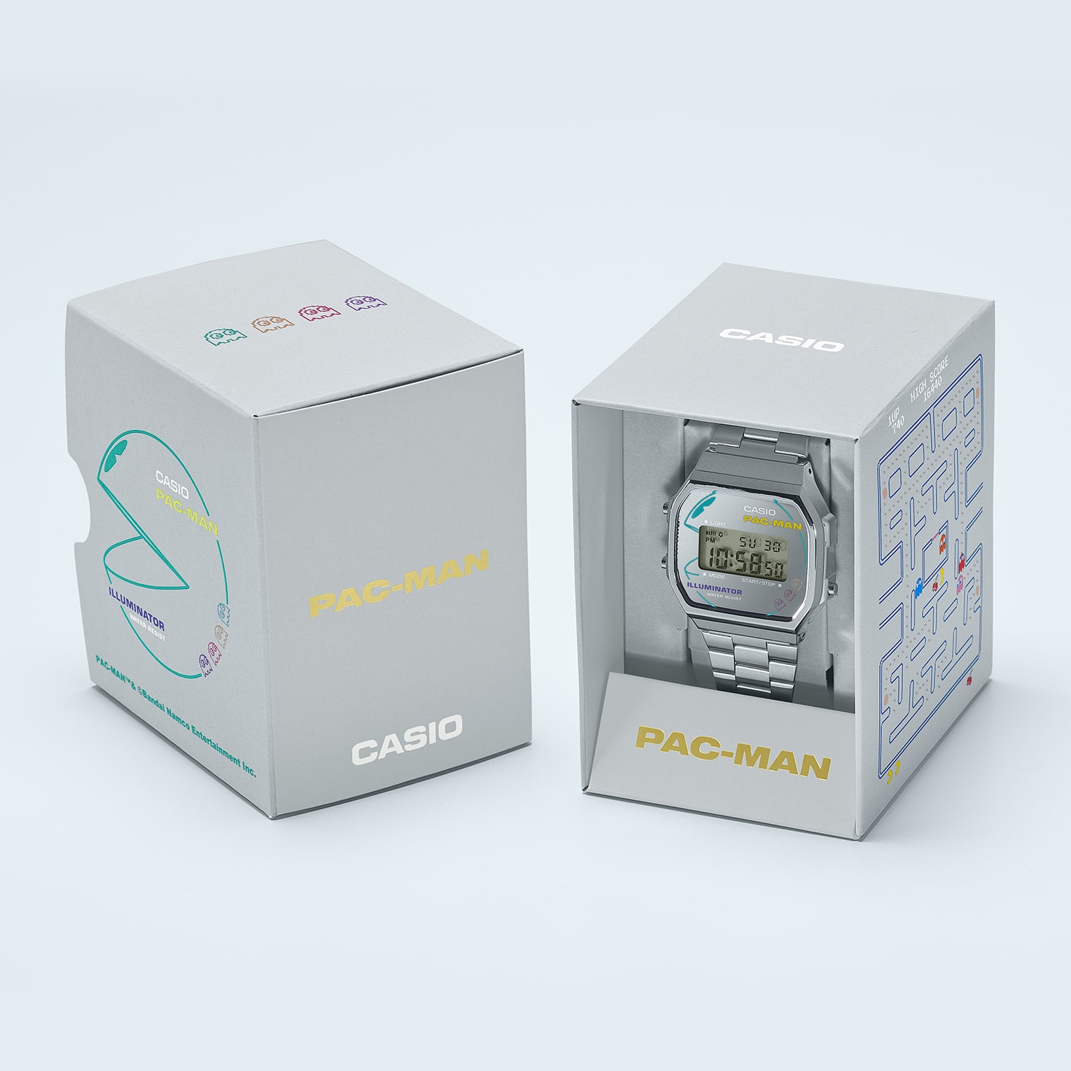 A168WEPC-7A Die helle Verpackungsbox der silbernen Pac-Man-Uhr A168WEPC-7A aus der Casio Vintage Collection mit Pac-Man-Motiven