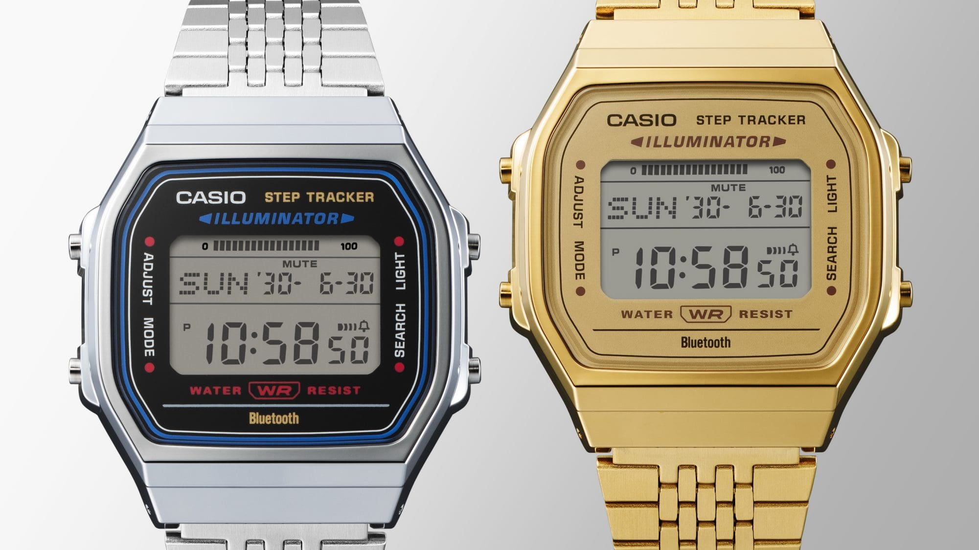 ABL-100WE-1A, ABL-100WEG-9A Die ABL-100WE-1A Digitaluhr mit silbernem Edelstahlarmband neben der goldfarbenen ABL-100WEG-9A