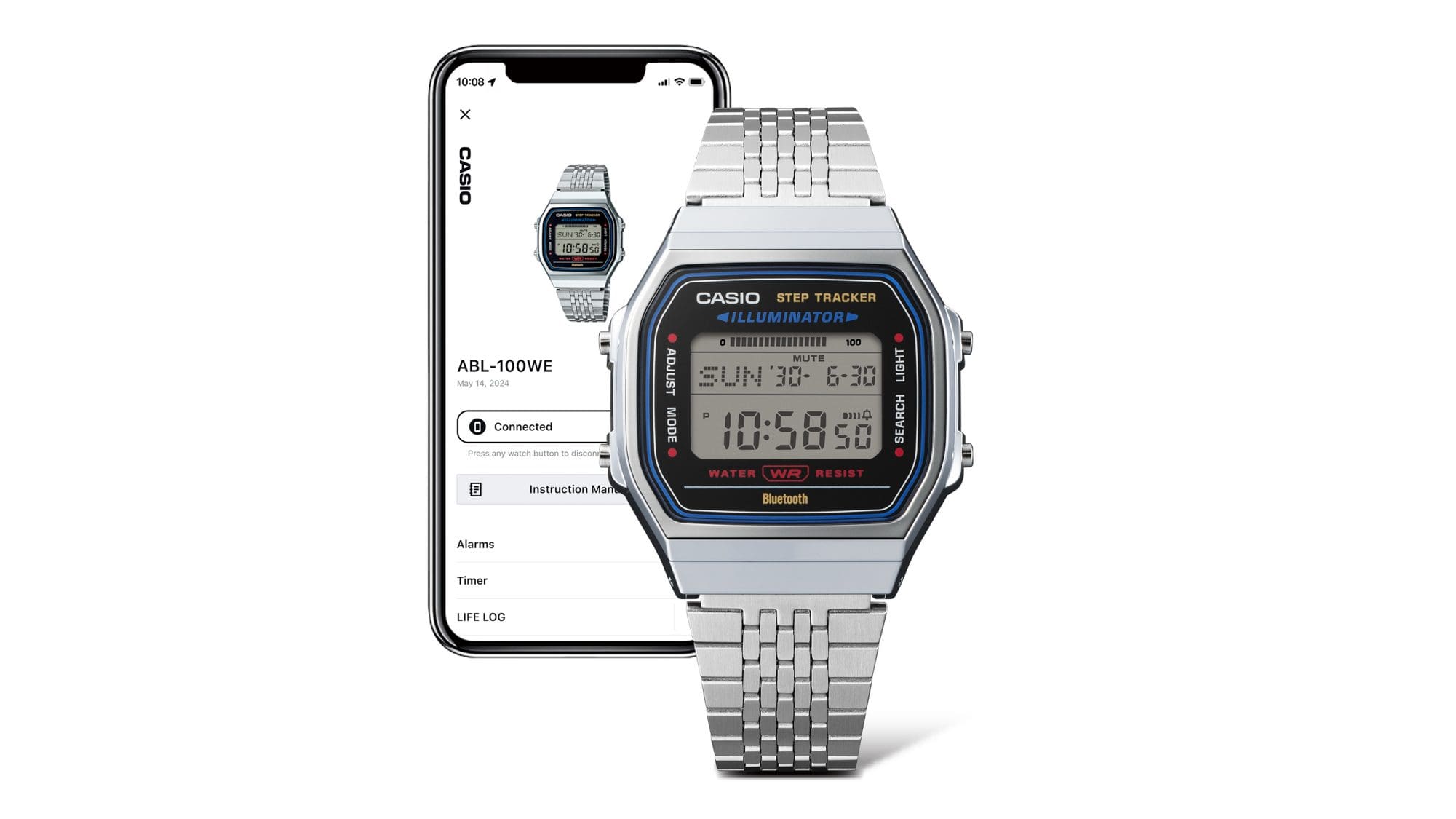 ABL-100WE-1A The silver-coloured ABL-100WE-1A Bluetooth® watch in front of a smartphone with information about the watch in the app