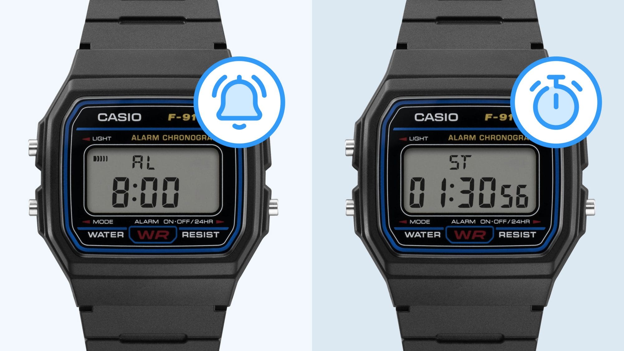 Display der F-91W Armbanduhr mit Alarm- und Stoppuhrfunktion