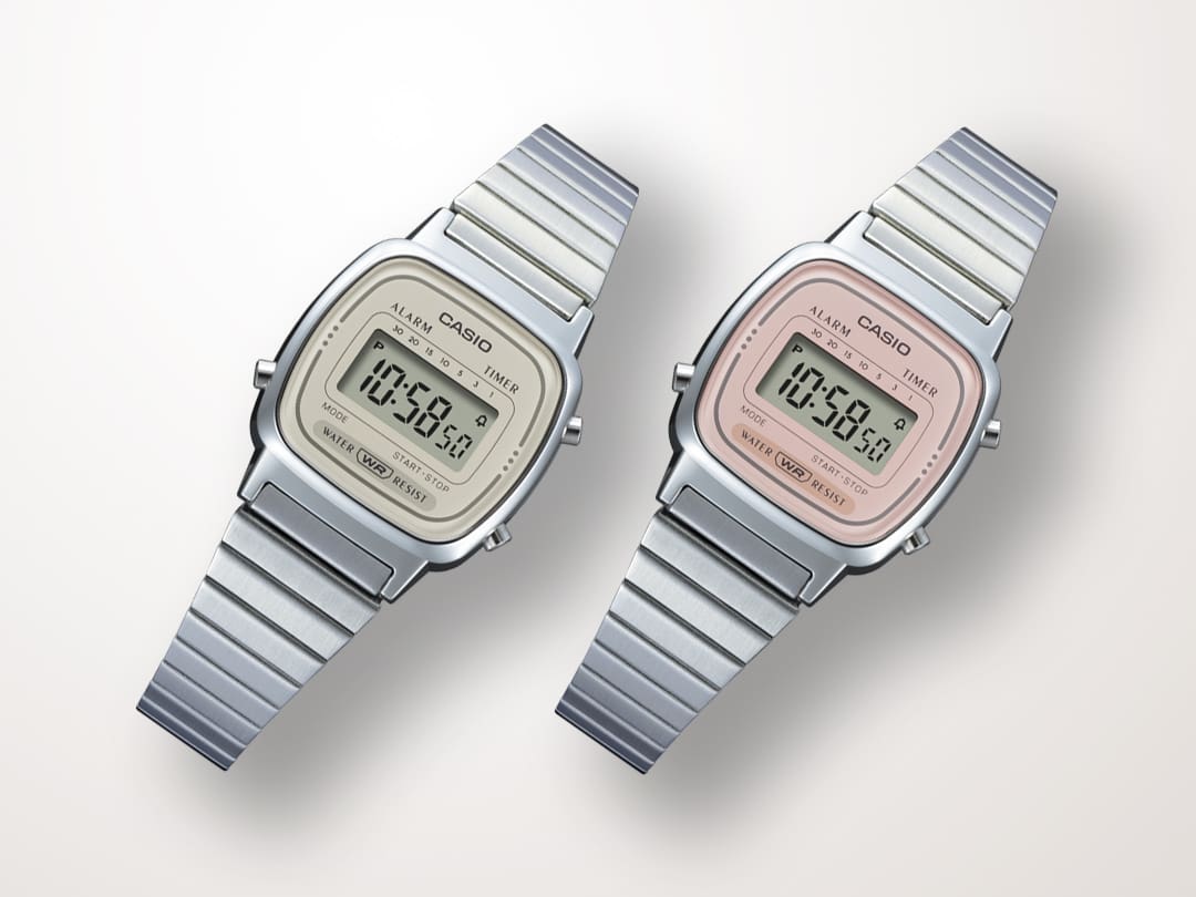 LA670WEA-8A und LA670WEA-4A2 Die beiden Modelle der LA670WEA Damenuhr nebeneinander: Die LA670WEA-8A mit silbernem Edelstahlarmband und hellbeigem Display-Rahmen und die LA670WEA-4A2 mit silbernem Edelstahlarmband und rosanem Display-Rahmen