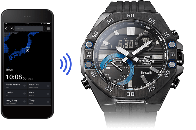 Links: Ein schwarzes Smartphone mit Weltkarten-Anzeige, rechts: Nahaufnahme einer Armbanduhr von Edifice, dazwischen Verbindungswellen