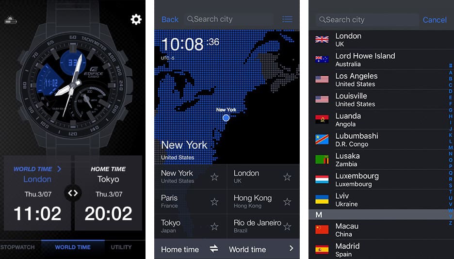 Drei Smartphone-Displays mit verschiedenen Ansichten der World-Time-Funktion