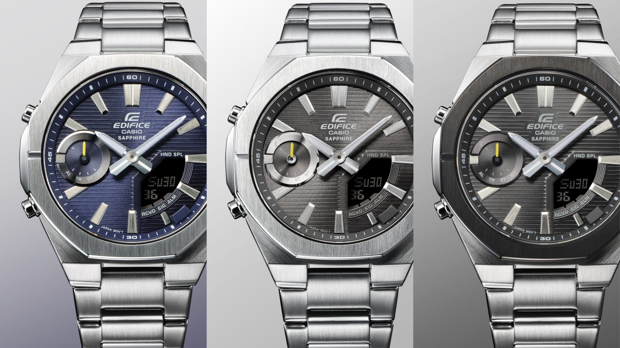 Die drei Farbmodelle der Casio Edifice ECB-S10D-Serie nebeneinander
