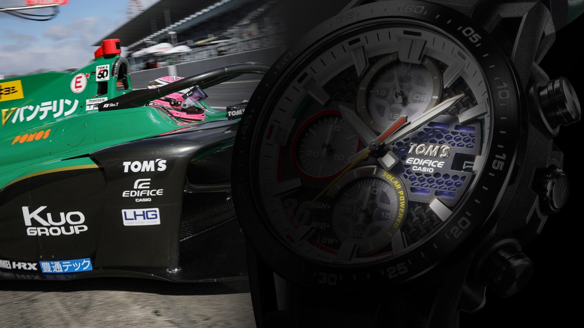 Detailaufnahme des aktuellen TOM’S-Logo auf der 3-Uhr-Position des Zifferblatts der Casio Edifice EFS-S641TMS-1A Armbanduhr