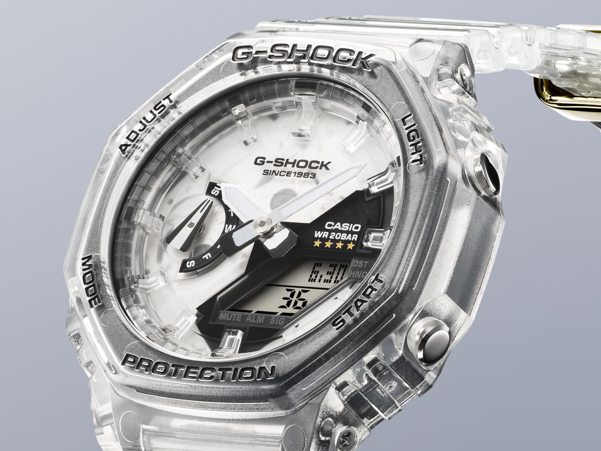 Nahaufnahme des Zifferblatts der G-Shock GA-2140RX-7A Jubiläumsuhr