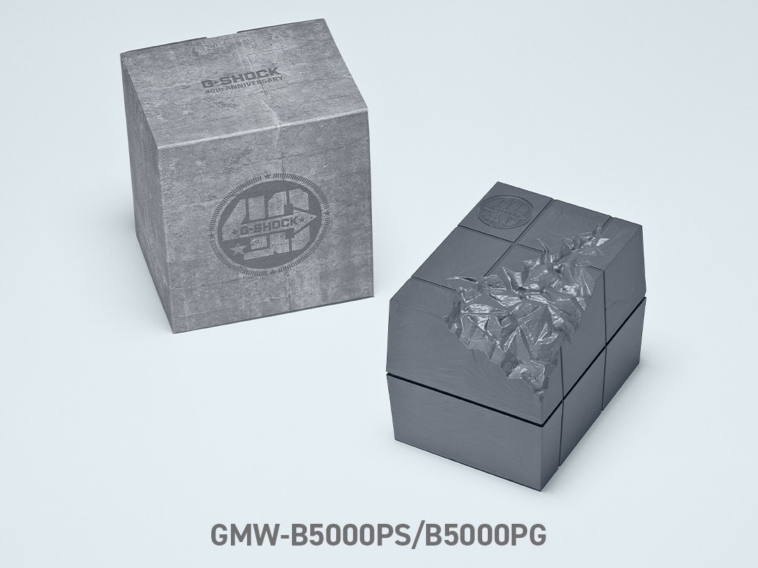 Die Verpackung der GMW-B5000PS und der GMW-B5000PG Armbanduhren mit einer Box im Stein-Design