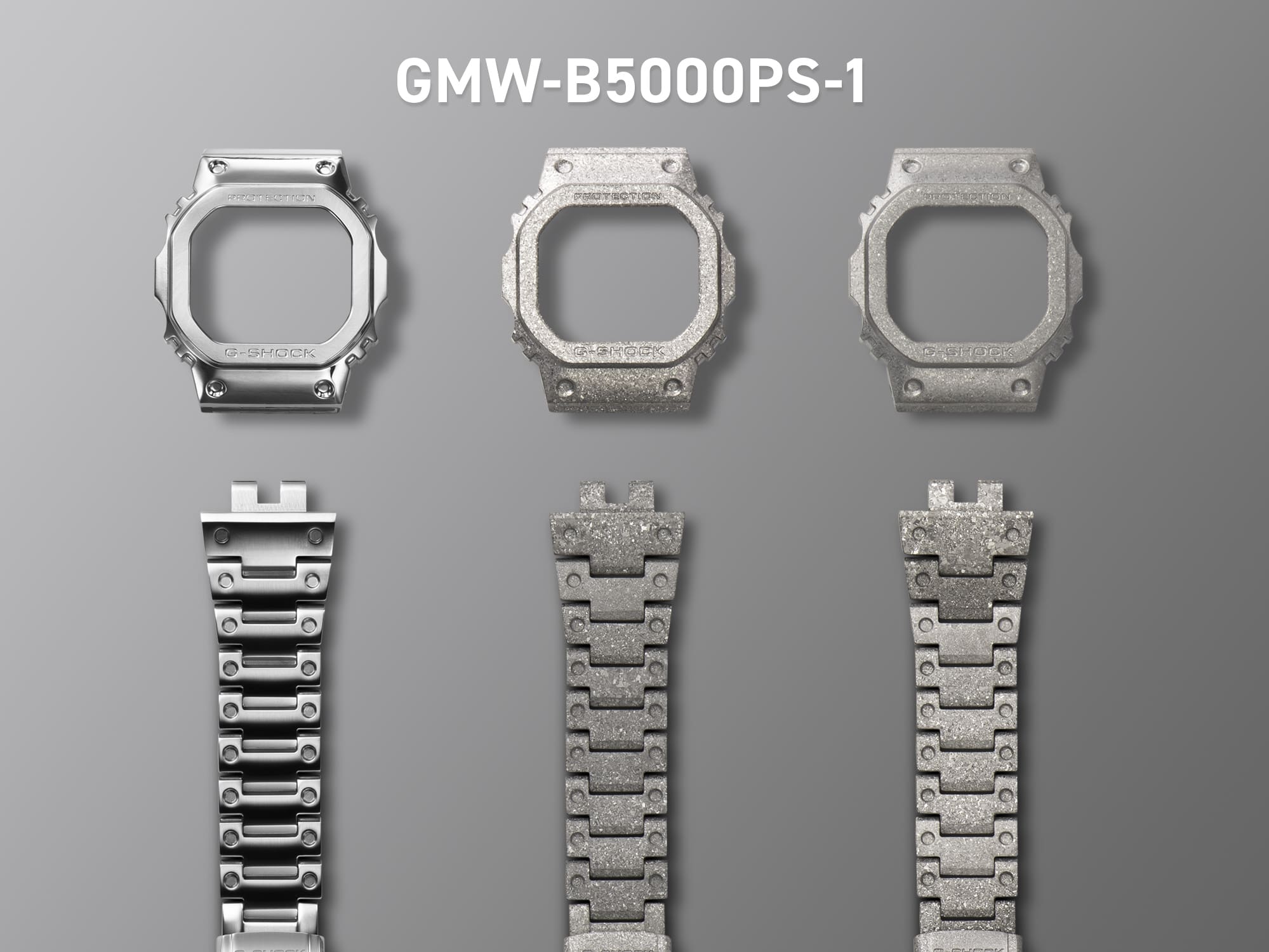 Die Edelstahllünette und das Edelstahlarmband der GMW-B5000PS-1 Armbanduhr in drei Fertigungszuständen: von der glatten, silberfarbenen Ausgangsform über die silbern funkelnde, rekristallisierte Zwischenstufe bis zur fertigen Version mit edler TiC-Beschichtung 