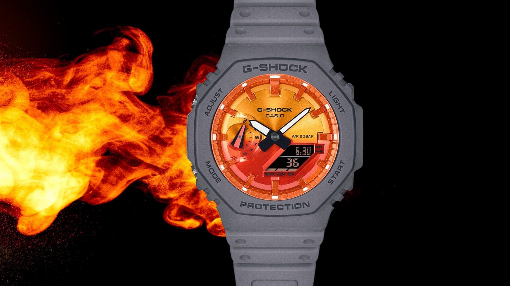 Orangefarbene Flammen im Hintergrund im Vordergrund ist die GA-2100FL-8A Flame Inside Armbanduhr von G-Shock