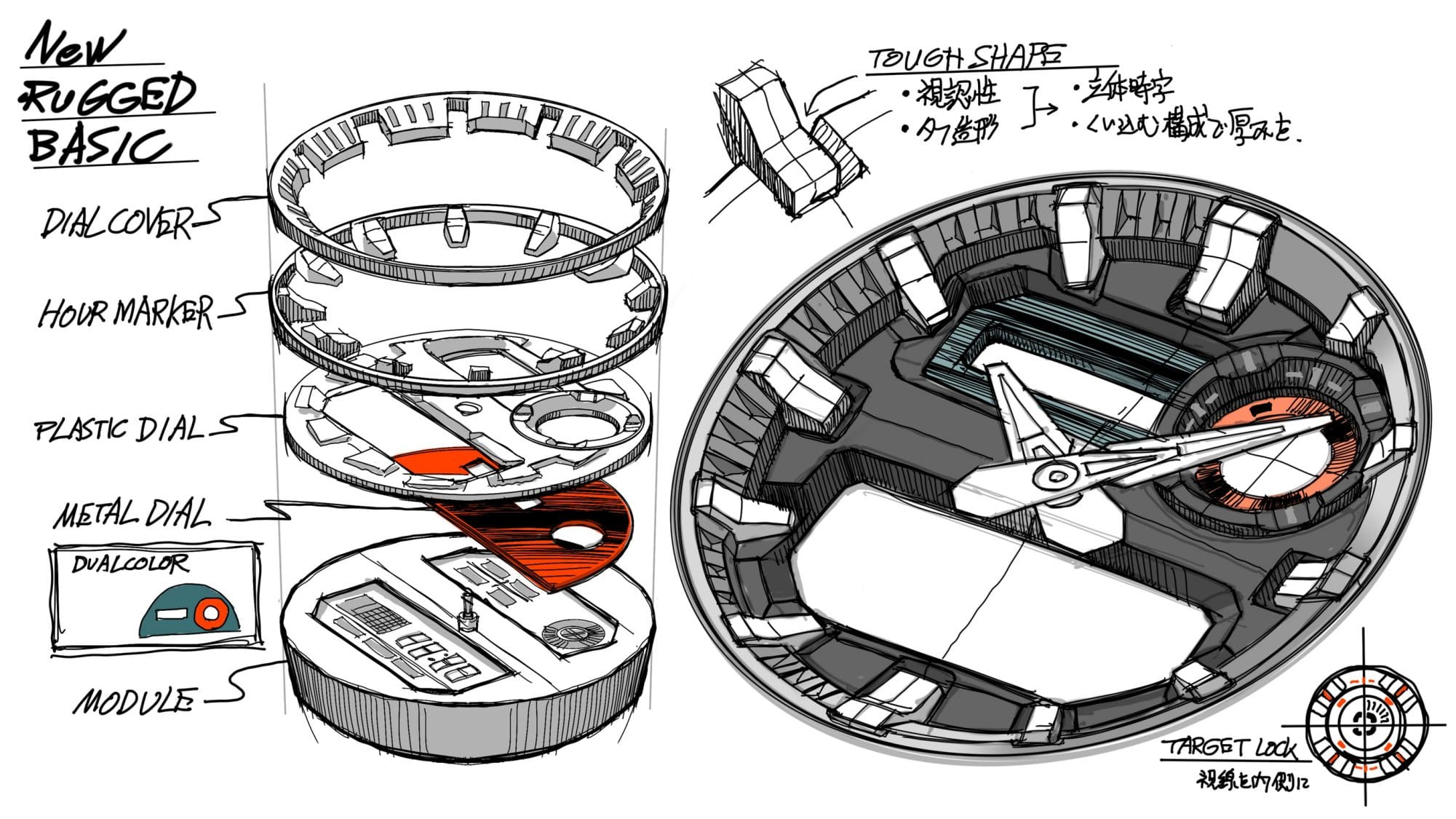Technische Zeichnung des Zifferblattdesigns der GA-010 Armbanduhr