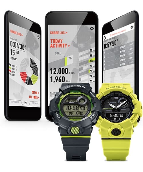 Vorne: Die beiden Casio G-Squad Laufuhren GBA-800-1A und GBA-800-9A, dahinter: Drei Smartphone-Displays mit verschiedenen Ansichten der G-SHOCK Connected App