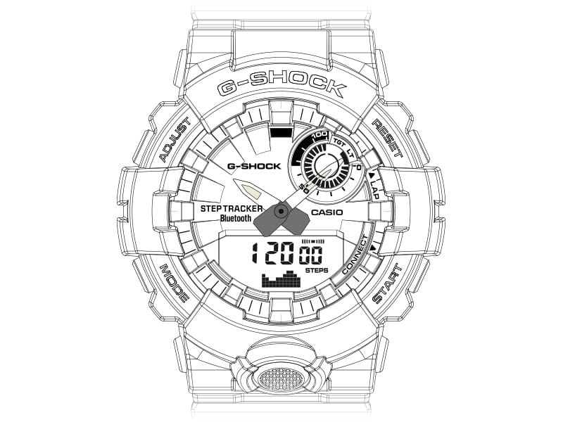 Skizze des Displays einer G-Squad GBD-800 Armbanduhr mit Schrittzahlanzeige und Zielerreichungsstand