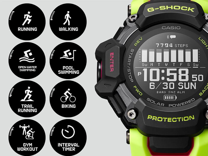 Punkte neben der Casio G-Squad GBD-H2000-1A9 S1A9 Sportuhr zählen auf, welche Aktivitäten sie unterstützt