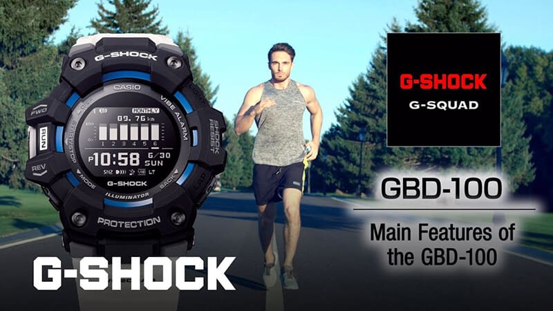 Ein Mann joggt auf einer Straße. Links im Bild ist eine schwarze Casio G-Squad GBD-100-1 Laufuhr mit blauen Akzenten abgebildet. Rechts des Läufers ergänzt Schrift das Bild: GBD-100 Main Features of the GB-100. Das Bild verlinkt zu einem Youtube-Video mit Tipps.