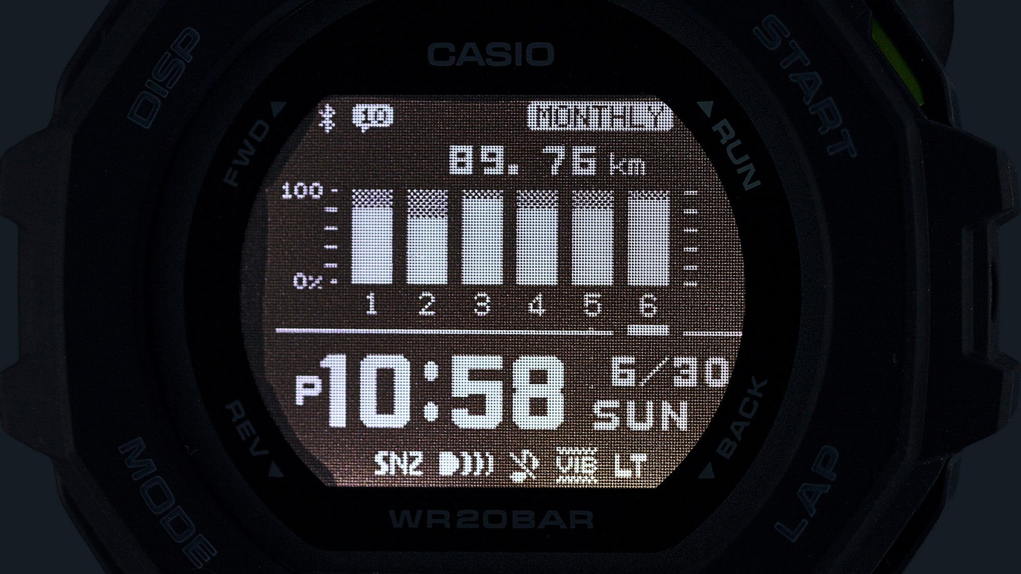 Nahaufnahme des leuchtenden Display der G-Squad GBD-300-1 Armbanduhr im Dunkeln