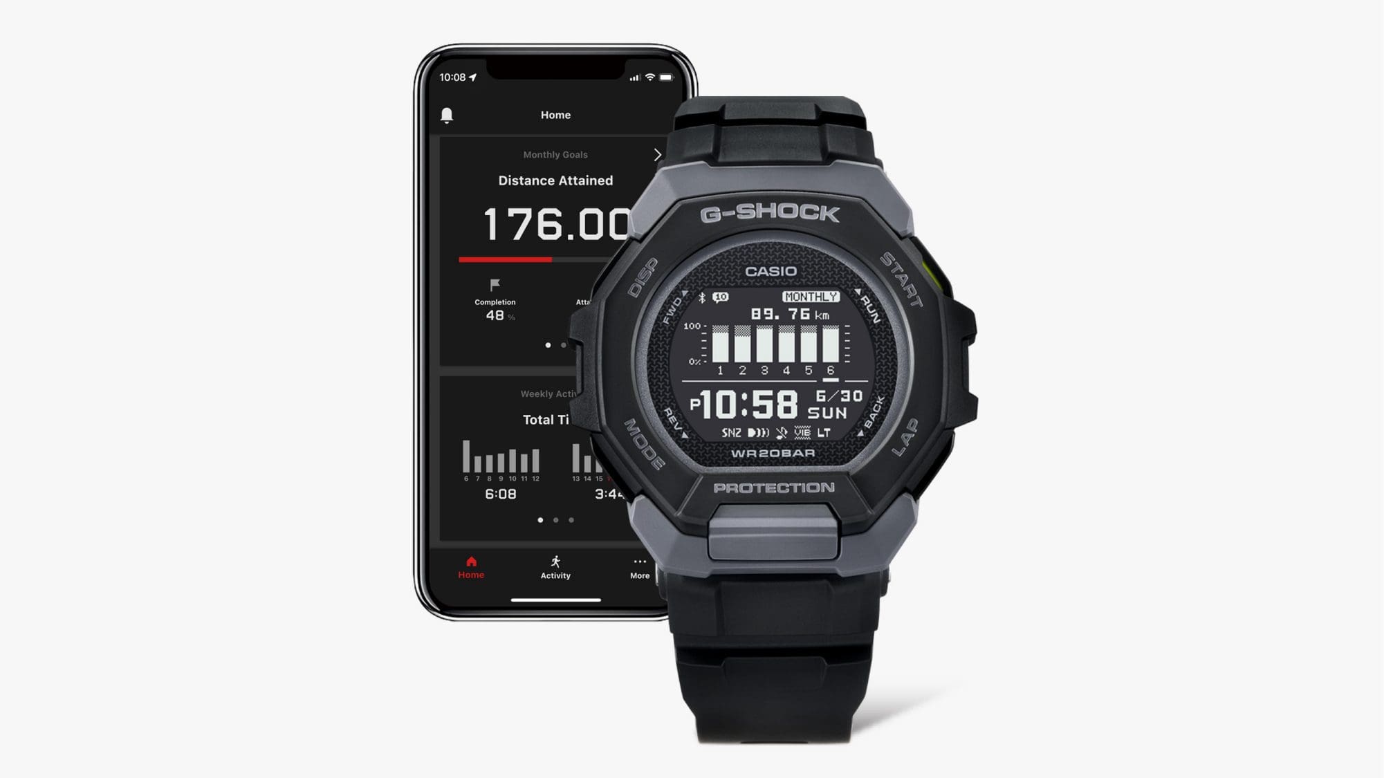 Vorne: Die Casio G-Squad GBD-300-1 Bluetooth®-Uhr, hinten: Ein Smartphone zeigt in einer App Fittnessdaten