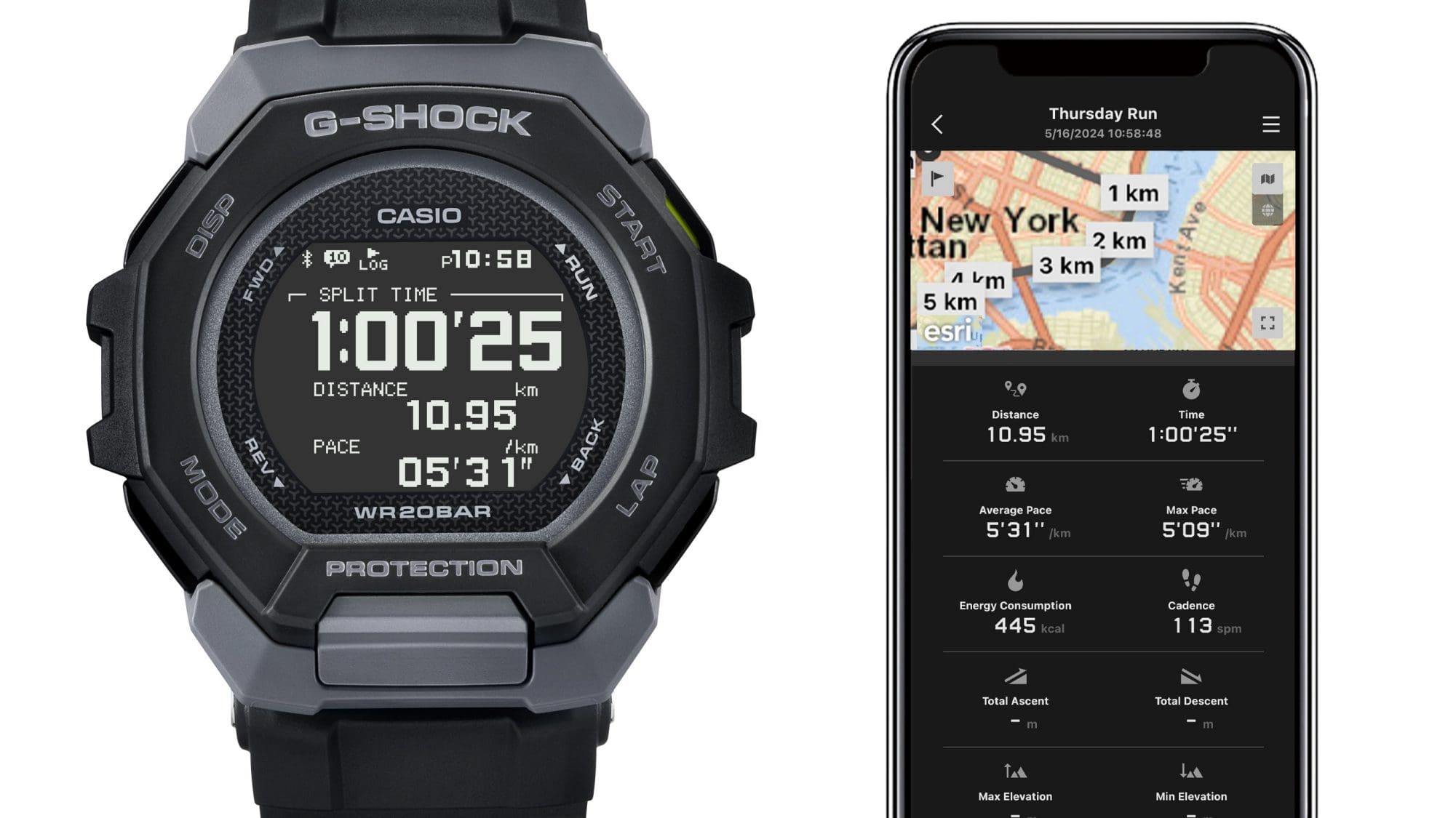 Links: Die Casio G-Squad GBD-300-1 Fitnessuhr zeigt Stoppuhr, Distanz und Tempo an, rechts: Ein Smartphone zeigt in einer App unter anderem gelaufene Kilometer, Laufzeit, Geschwindigkeiten und verbrauchte Kalorien an