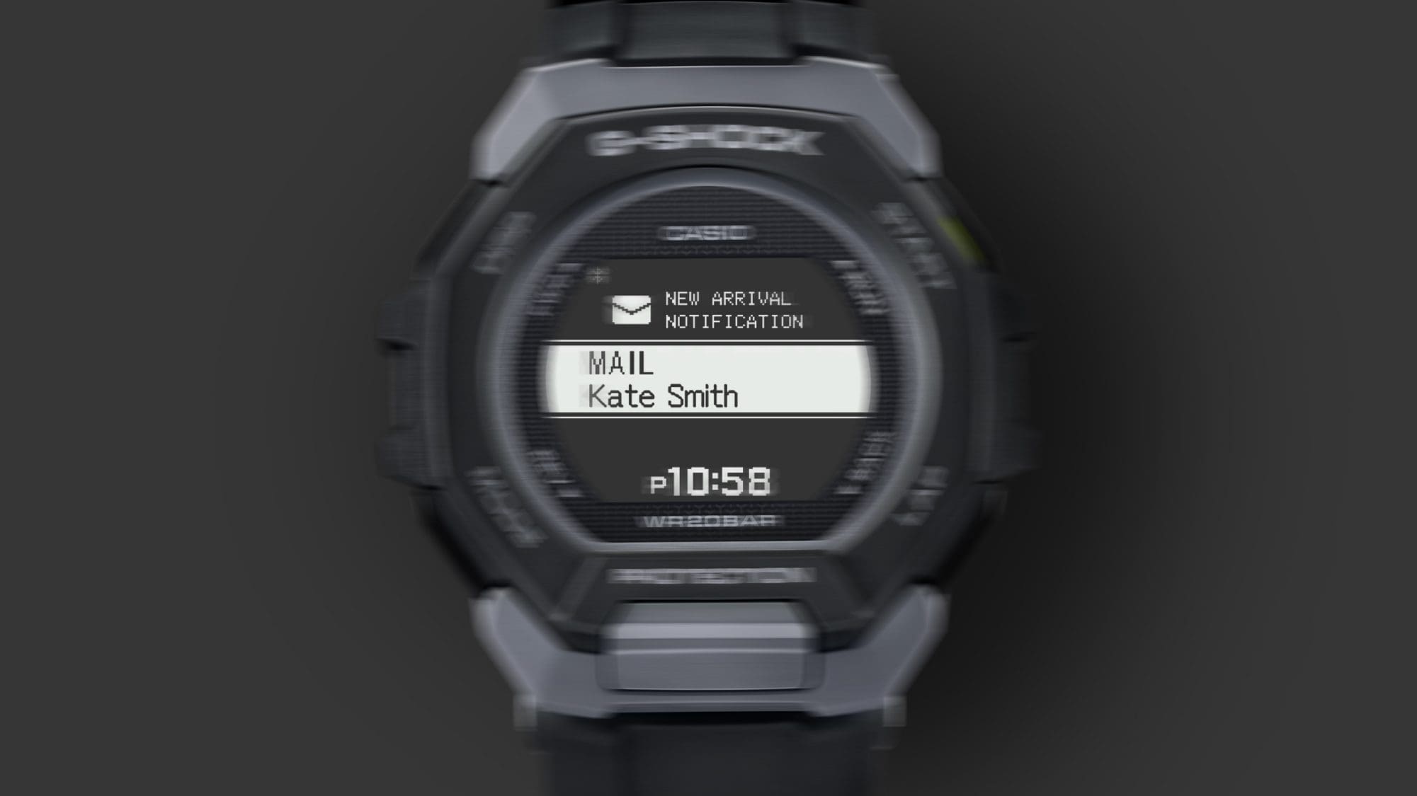 Ein verschwommen Bild der Casio G-Squad GBD-300-1 Armbanduhr, zur Verdeutlichung des Vibrationsalarm bei empfangener E-Mail