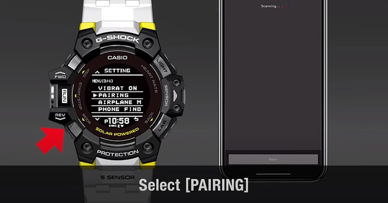 Links: Eine Casio G-Squad GBD-H1000-1A7 Sportuhr mit Setting-Display, rechts: Ein Smartphone. Das Bild verlinkt zu einem Youtube-Video mit Tutorials.