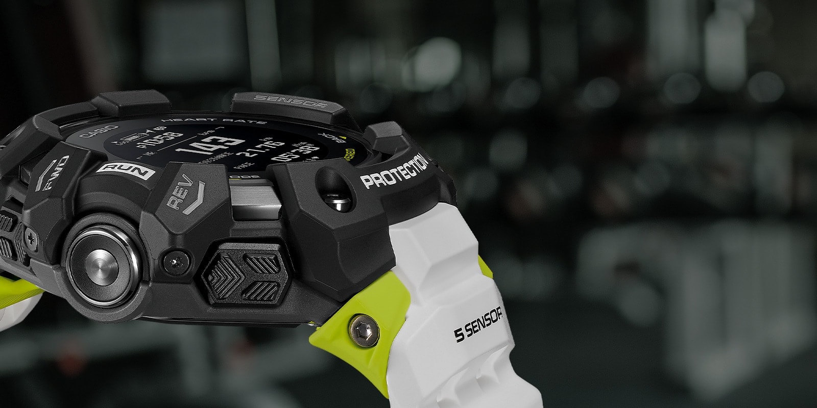 Nahaufnahme des Gehäuses der Casio G-Squad GBD-H1000-1A7 Sportuhr von der Seite betrachtet 