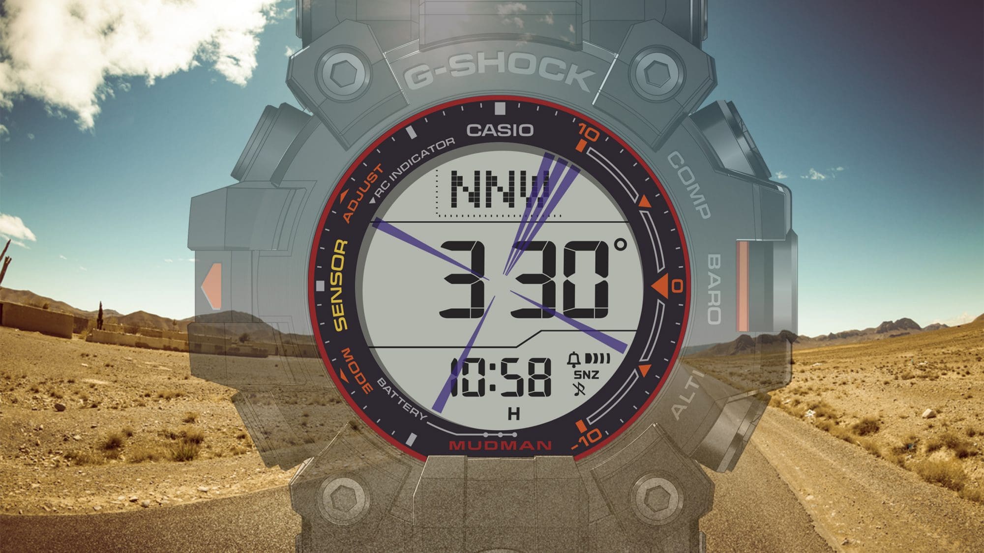 GW-9500MEC-1 Das Display der Mutlifunktionsuhr GW-9500MEC-1 zeigt Kompassdaten an, im Hintergrund: Eine Präriestaße