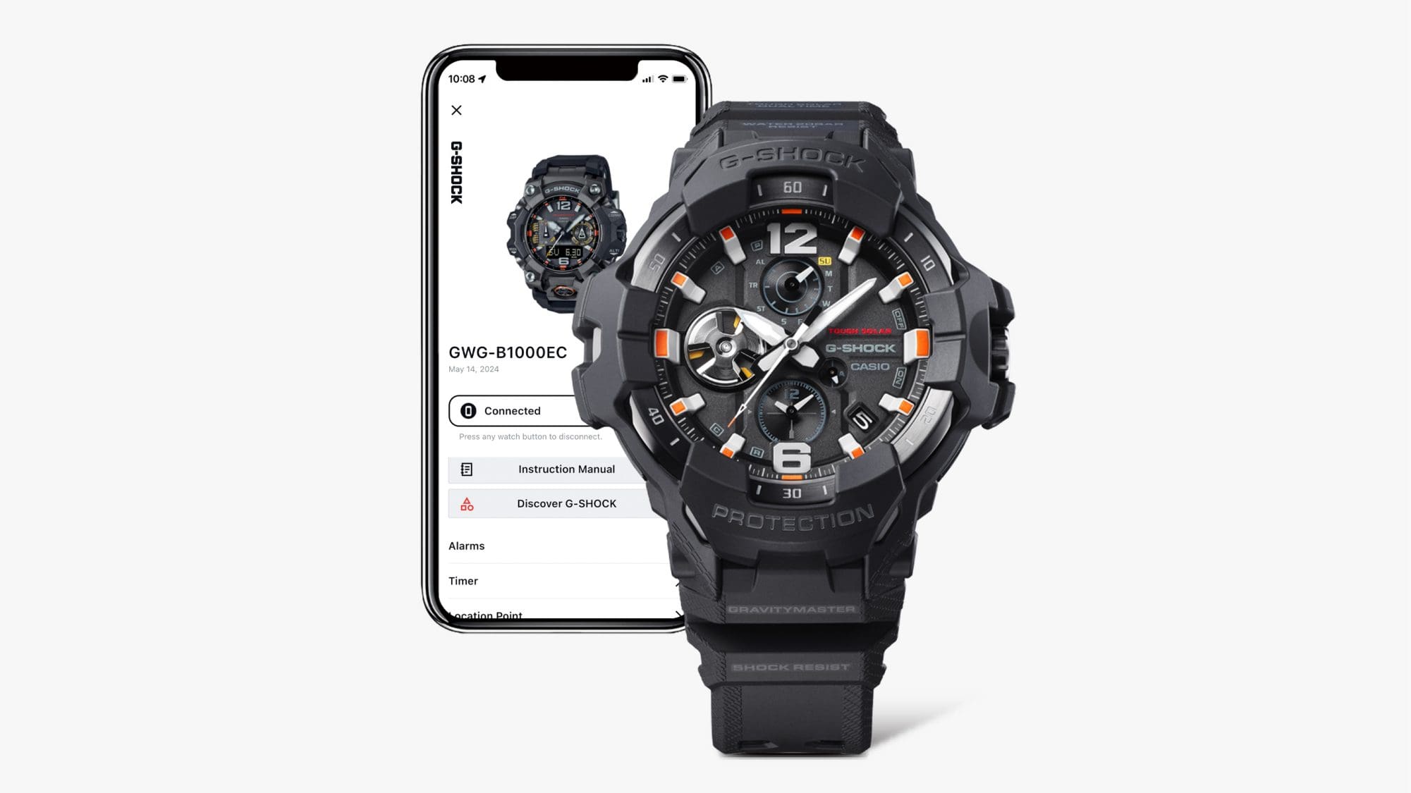Die Gravitymaster GR-B300EC-1A Bluetooth®-Uhr vor einem Smartphone, auf dessen Display Informationen zur Uhr zu sehen sind