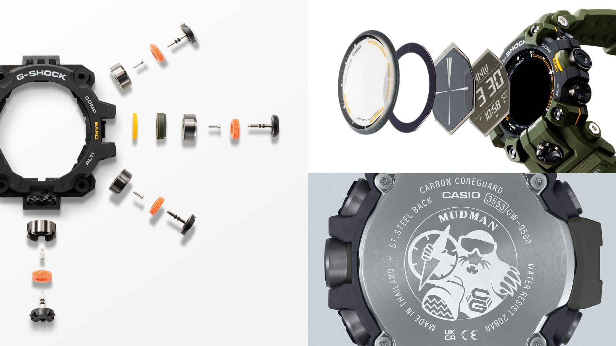 Links: Einzelteile des Uhrgehäuses der Casio G-Shock GW-9500-3, rechts oben: Die einzelnen Bestandteile der Outdooruhr getrennt von einander dargestellt, rechts unten: Die Gehäuserückseite mit Maulwurfgravur