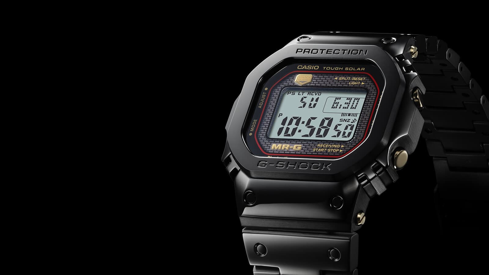 Leicht schräger Blick auf die Casio G-Shock MRG-B5000B-1 Digitaluhr mit schwarzem Armband