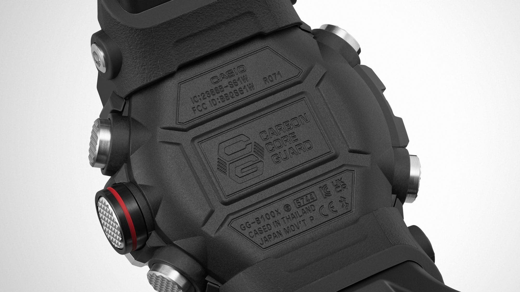 Abbildung der hinteren Abdeckung des hinteren Gehäuses und der beweglichen Teile an der Unterseite des Armbands, die beide aus kohlenstofffaserverstärktem Harz bestehen