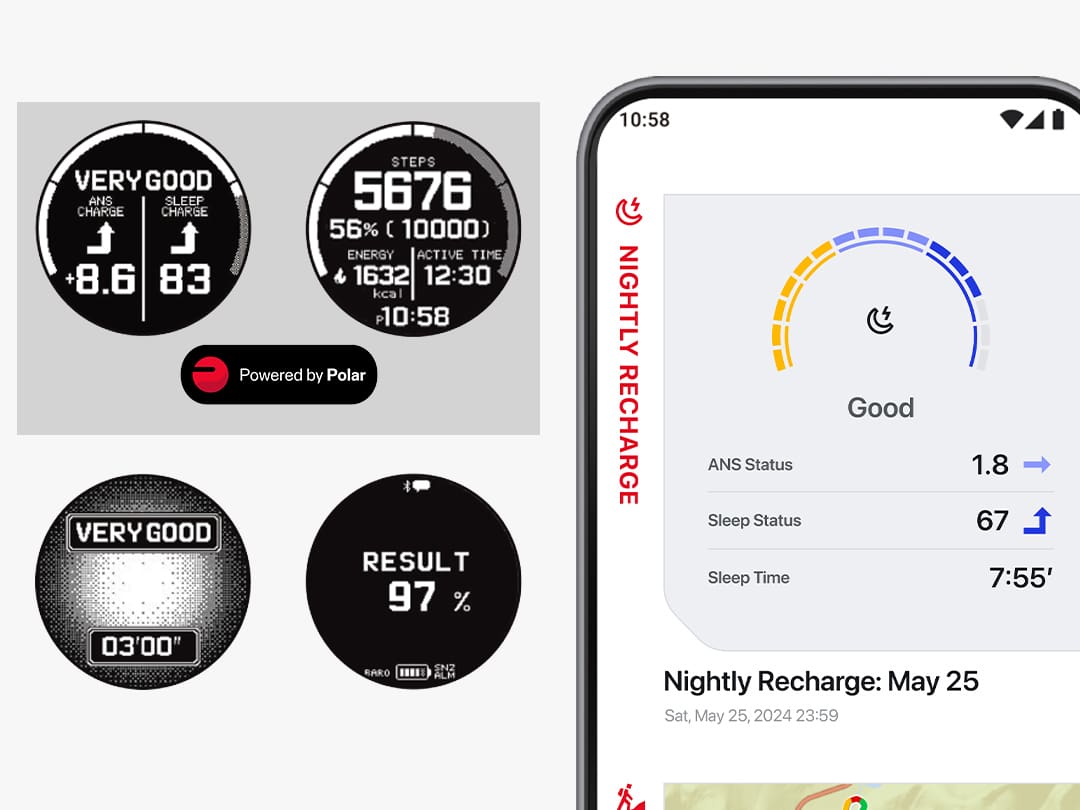 Zwei Displays mit Analyse-Daten: 1. Schlafauswertung, 2. Schrittzähler, darunter das "Powered by Polar"-Logo, darunter zwei weitere Displays mit den Auswertungen "Very Good" und "Result 98 %", neben den Displays: Ein Smartphone mit Nightly Recharge-Werten