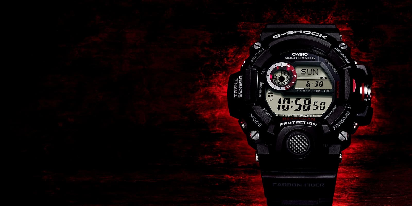 Die Casio G-Shock Master of G Rangeman GW-9400-1 Outdoor-Uhr vor rot-glühendem Hintergrund