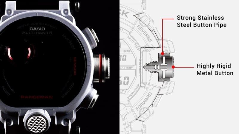 Links: Das Edelstahlgehäuse, rechts: Design-Skizze des Metallknopfes mit Stahlrohr