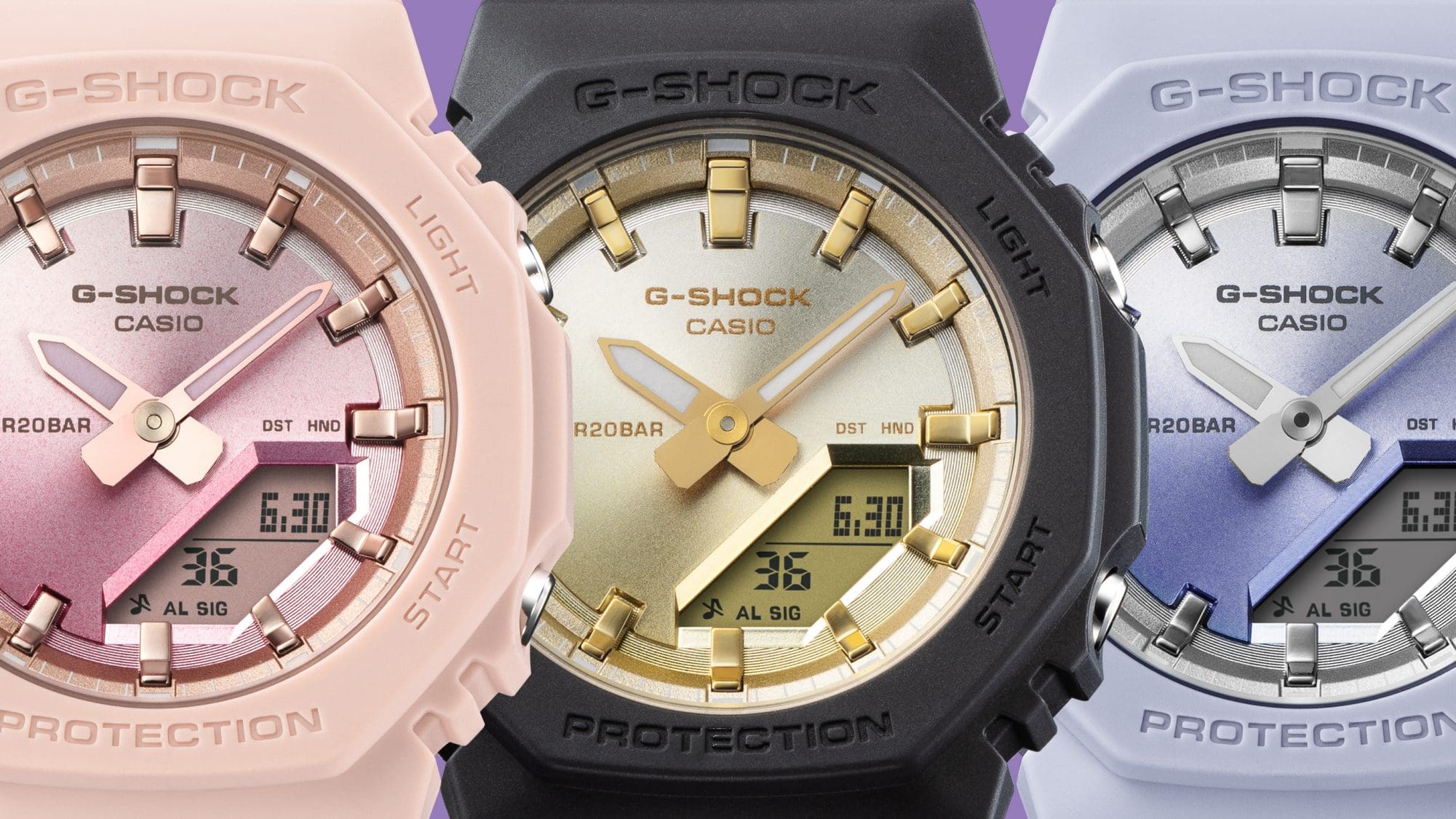 Die drei Farbvarianten der GMA-P2100SG Hybrid-Uhr nebeneinander: Die GMA-P2100SG-4A in Rosa, die GMA-P2100SG-1A mit schwarzem Armband und goldfarbenem Zifferblatt und die GMA-P2100-7A in hellem Lila
