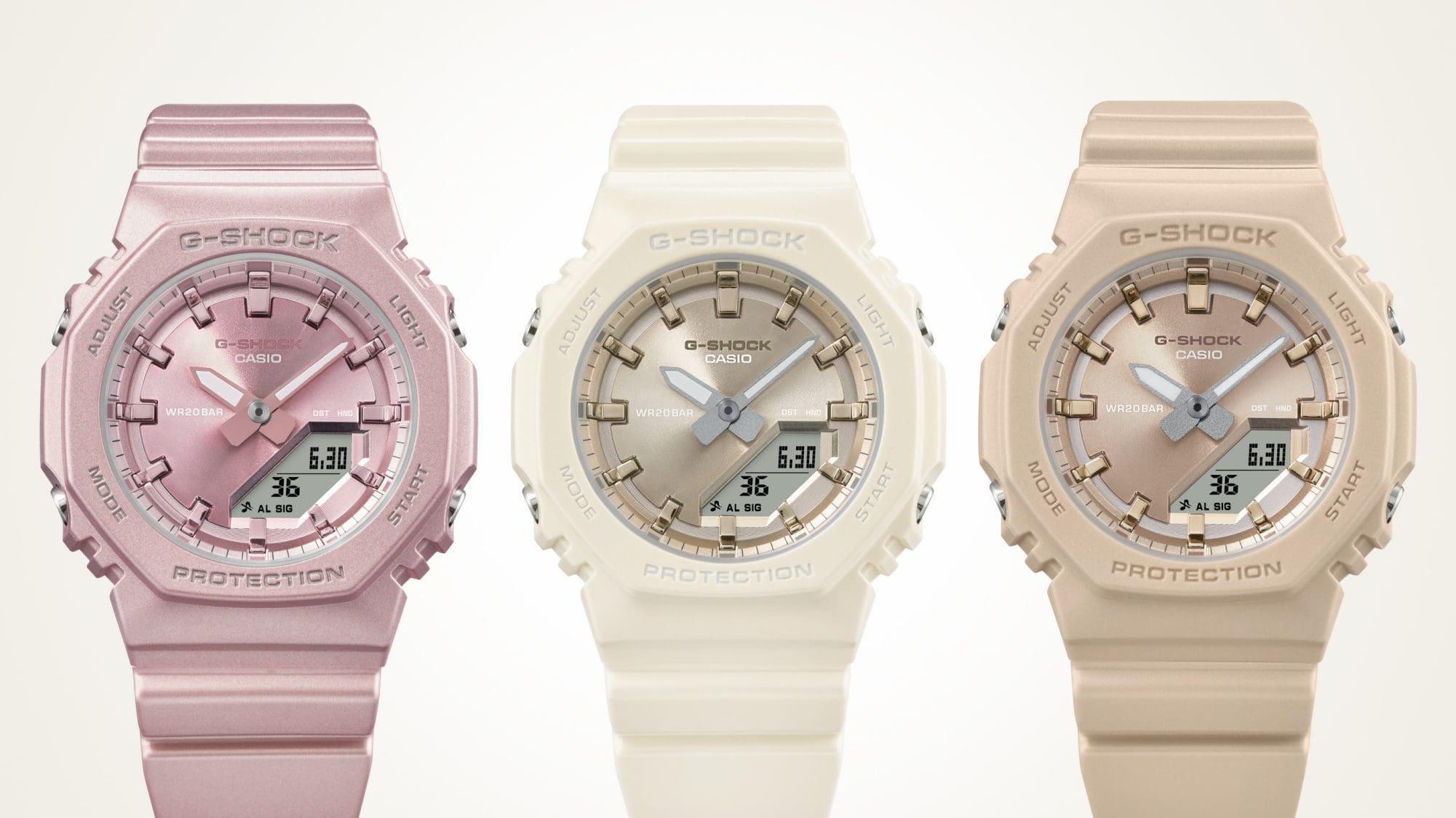 Die drei pastelligen Farbvarianten der GMA-P2100ST Hybrid-Uhr nebeneinander: Die GMA-P2100ST-4A in Rosa, die GMA-P2100SG-1A in cremigem Weiß und die GMA-P2100ST-9A in sanftem Beige