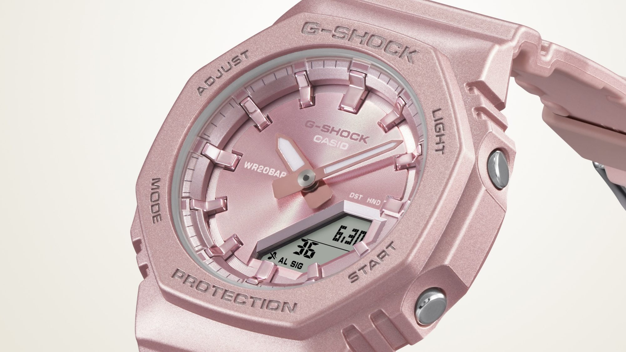 Das rosafarbene Zifferblatt der Casio G-Shock GMA-P2100ST-4A Damenuhr